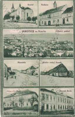  - Mirotice Písek, cekový pohled, náměstí, kostel, radnice, škola, ALšův rodný dům