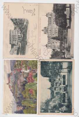  - 4x Mariánské Lázně (Marienbad), Cheb, Franz Josef Platz, hotel Weimar, kolorovaná café Egerlander, celkový pohled, DA