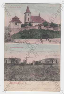  - Kostelec nad Labem (Mělník), kolorovaná, více záběrů, kostel sv. Martina, dělostřelecké kasárny, muž, děti