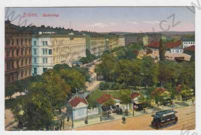  - Brno (Brünn), kolorovaná, Bahnring- Nádražní třída, částečný záběr města, pohled na město z výšky, tramvaj