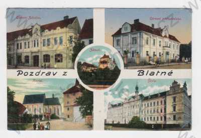  - Blatná (Strakonice), kolorovaná, koláž, okresní záložna, okresní zastupitelství, kostel, školy, zámek