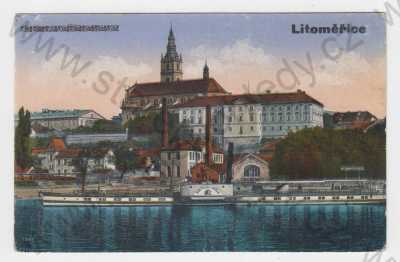  - Litoměřice, kolorovaná, částečný záběr města, řeka, parník