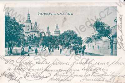  - Smečno Kladno, náměstí, kostel, povoz kůň, DA