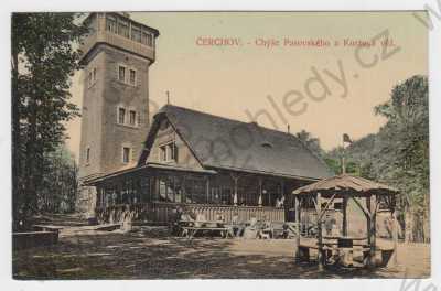 - Čerchov (Domažlice), Chýše Pasovského a Kurzova věž, kolorovaná, celkový pohled