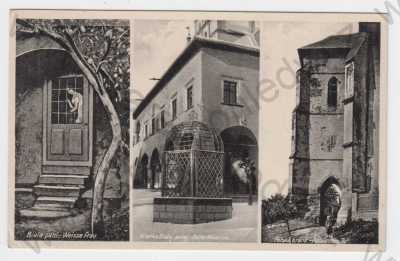  - Slovensko, Levoča (Leutschau), více záběrů, vinárna Bílá paní, klec hanby (Pranýř), Polská brána