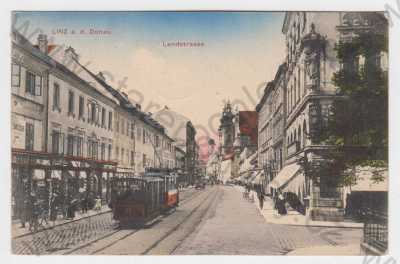  - Linz (Rakousko), Landstrasse-Zemská třída, kolorovaná, tramvaj, lidé, bicykl
