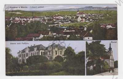  - Blovice (Plzeň-jih), kolorovaná, koláž, celkový pohled, zámek, kostel