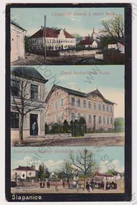  - Šlapanice (Brno - venkov), více záběrů, škola, Svatojanské náměstí, hraběnčin dvůr, kolorovaná