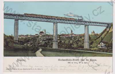  - Znojmo (Znaim), celkový pohled, železniční most, viadukt, vlak, lokomotiva, kolorovaná