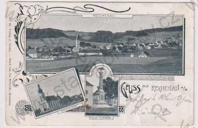  - Rychnov nad Malší (Reichenau a. M.) - Český Krumlov, více záběrů, celkový pohled, kostel, pomník, koláž, DA