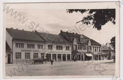 - Slovensko, Hlohovec, náměstí, banka, Jindrich Müller a syn, obchod, reklama, kůň, povoz