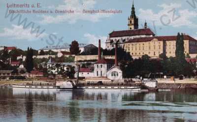  - Litoměřice, Leitmeritz, barevná, celkový pohled. řeka, kostel, loď
