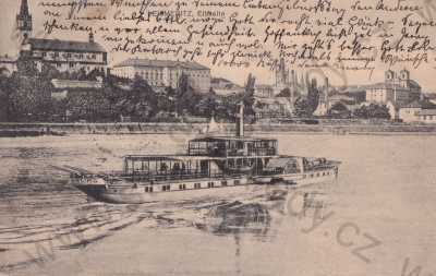  - Litoměřice, Leitmeritz, celkový pohled, řeka, kostel, loď