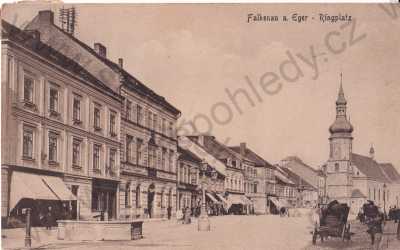  - Sokolov Falkenau a. Eger, náměstí, kostel, povoz