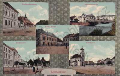  - Břeclav Lundenburg, částečný záběr města, náměstí, kostel, most, hotel, barevná