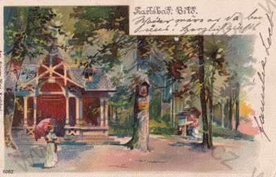 - Karlovy Vary, Karlsbad, kolonáda, park, barevná, kresba, DA