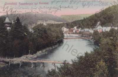  - Kyselka Gieshübl Sauerbrunn, Karlovy Vary, Karlsbad, řeka, most, celkový pohled