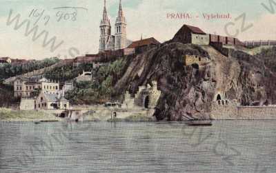  - Praha 2, Vyšehrad, celkový pohled, bazilika, nábřeží, loď, barevná