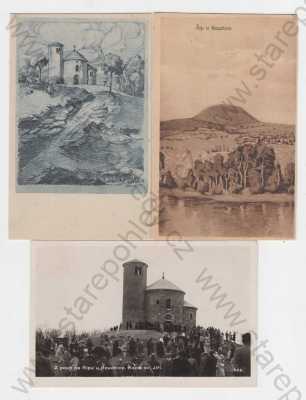  - 3x Říp u Roudnice (Litoměřice), celkový pohled, pouť na Řípu, kaple sv. Jiří, lidé, Foto-fon