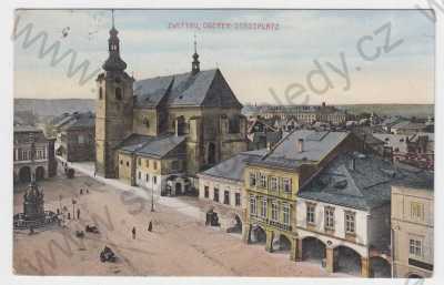 - Svitavy (Zwittau), náměstí, kostel, podloubí, morový sloup, částečný záběr města, pohled na město z výšky, kolorovaná