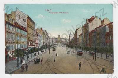  - Václavské náměstí, Muzeum (Praha 1), kolorovaná, tramvaj, automobil, kůň, lidé
