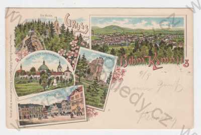  - Česká Kamenice (Böhm. Kamnitz), Děčín, kolorovaná, koláž, celkový pohled, náměstí, vyhlídka Jehla (Die Nolde), poutní kaple Panny Marie, hrad na Zámeckém vrchu (Wartenburg), DA