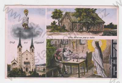  - Filipov (Filippsdorf), Děčín, kolorovaná, koláž, kostel, chalupa, postel, kříž, stůl, žena, postel, náboženský motiv
