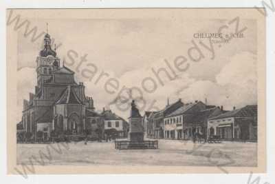  - Chlumec nad Cidlinou (Hradec Králové), náměstí, kostel, kůň, pomník V. K. Klicpery