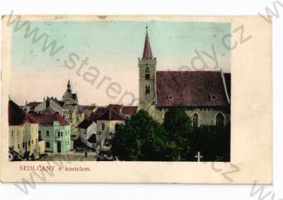  - Sedlčany, Příbram, částečný záběr města, kostel