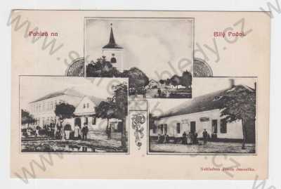  - Bílý Podol (Kutná Hora), koláž, kostel, náves, obchod, lidé