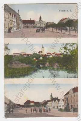  - Veselí nad Lužnicí (Tábor), kolorovaná, koláž, náměstí, socha, lidé, částečný záběr města