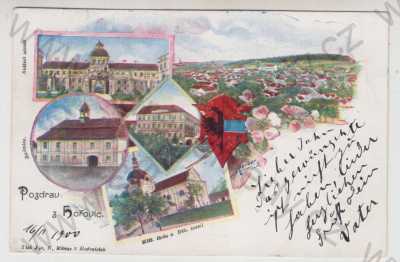  - Hořovice (Beroun), více záběrů, celkový pohled, Knížecí zámek, Radnice, škola, kostel, erb, znak, kolorovaná, koláž, DA