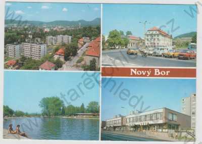  - Nový Bor (Česká Lípa), více záběrů, sídliště, koupaliště, část města, automobil, motocykl, obchodní dům, velký formát