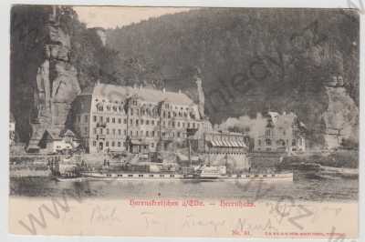  - Hřensko (Herrnskretschen) - Děčín, Herrnhaus, řeka, loď, parník, DA