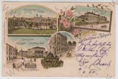 - Broumov (Braunau) - Náchod, více záběrů, celkový pohled, pohled ulicí, pomník, pošta, nemocnice, kůň, kočár, kolorovaná, koláž, litografie, DA