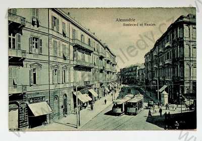  - Egypt - Alexandrie, pohled ulicí, TRAMVAJ, kočár, koně