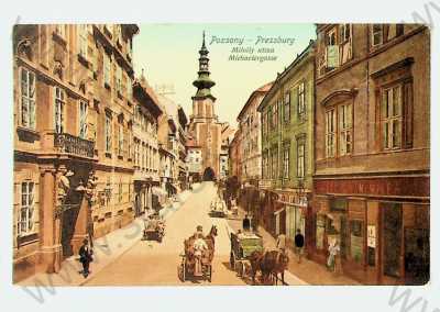  - Slovensko - Bratislava - pohled ulicí, koně, kostel, kolorovaná