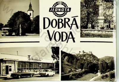  - Slovensko - Dobrá voda - koláž, více záběrů, kostel, restaurace, auta, krajina, zřícenina hradu, hrob a památník Jana Hollého, velký formát