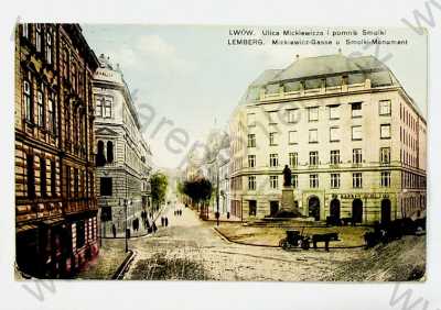  - Ukrajina - Lvov - pohled ulicí, pomník, koně, kolorovaná