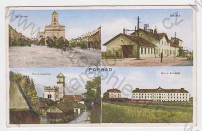  - Slovensko, Poprad, kolorovaná, koláž, náměstí, nádraží, nová kasárna, stará zvonice