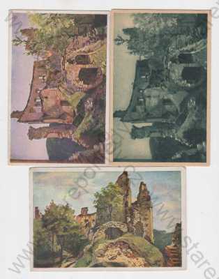  - 3x Hrad Boskovice (Blansko), kolorovaná, zřícenina, malba- Emil Kosa