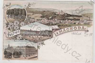  - Náchod, více záběrů, celkový pohled, hřbitov vojínů 1886, celkový pohled, náměstí, Kaple sv. Michala, škola, kolorovaná, koláž, litografie, DA