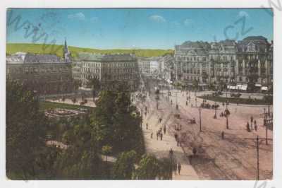  - Vinohrady (Praha 2), kolorovaná, náměstí, park, tramvaj, kůň, pohled na město z výšky