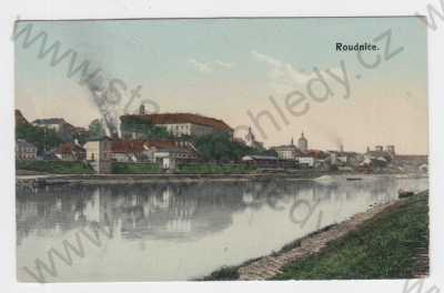  - Roudnice nad Labem (Litoměřice), kolorovaná, částečný záběr města, zámek, řeka, loďka
