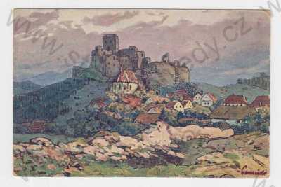  - Rábí (Klatovy), kolorovaná, hrah, podhradí, malba, signováno vpravo dole, celkový pohled