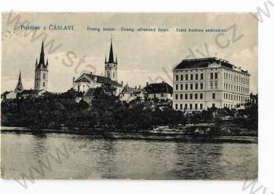  - Čáslav, Kutná Hora, částečný záběr města, kostel, učitelský ústav, seminární budova