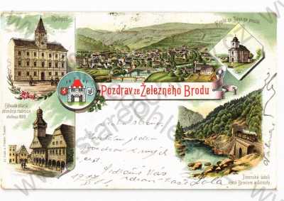 - Železný Brod, Jablonec nad Nisou, koláž, více záběrů, radnice, kaple, celkový pohled... DA