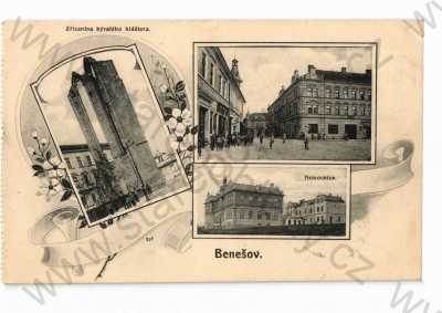  - Benešov, koláž, více záběrů, nemocnice, pohled ulicí, zřícenina kláštera