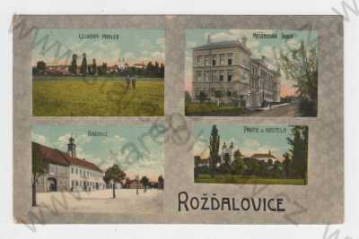  - Rožďalovice (Nymburk), kolorovaná, koláž, celkový pohled, měšťanská škola, radnice, partie u kostela