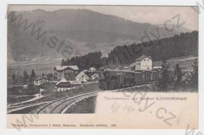  - Lenora (Eleonorenhain), Prachatice, celkový pohled na obec, vlak, koleje, foto J.Seidel, DA
